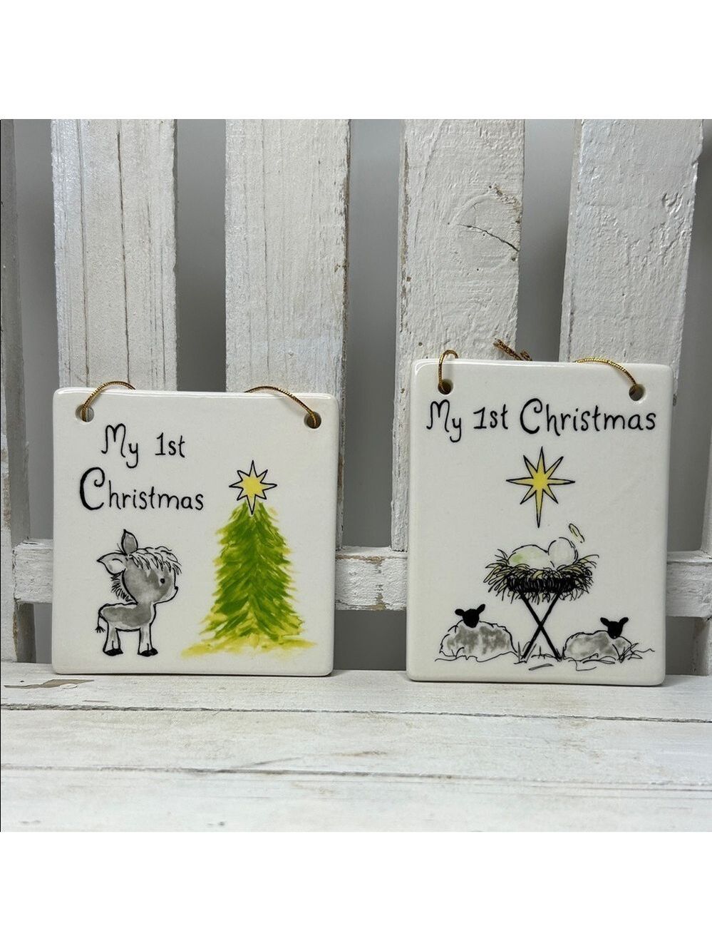 Adorable Ceramic My 1st Christmas Ornaments - Donkey & Baby Jesus